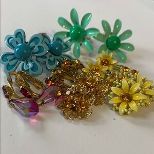 Vintage Floral Earrings Set in Blue, Green, Yellow, and Gold &AB pair Clips